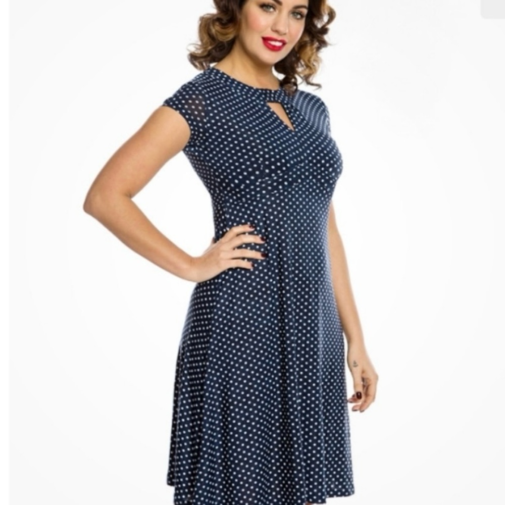 Lindy Bop Navy and White Polka Dot Retro Pin-Up Style Midi Dress
